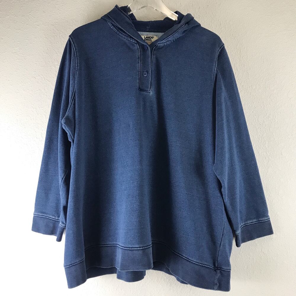 Lands' End Long Sleeve Serious Sweats Pullover Button Hoodie Blue Plus Size 3X